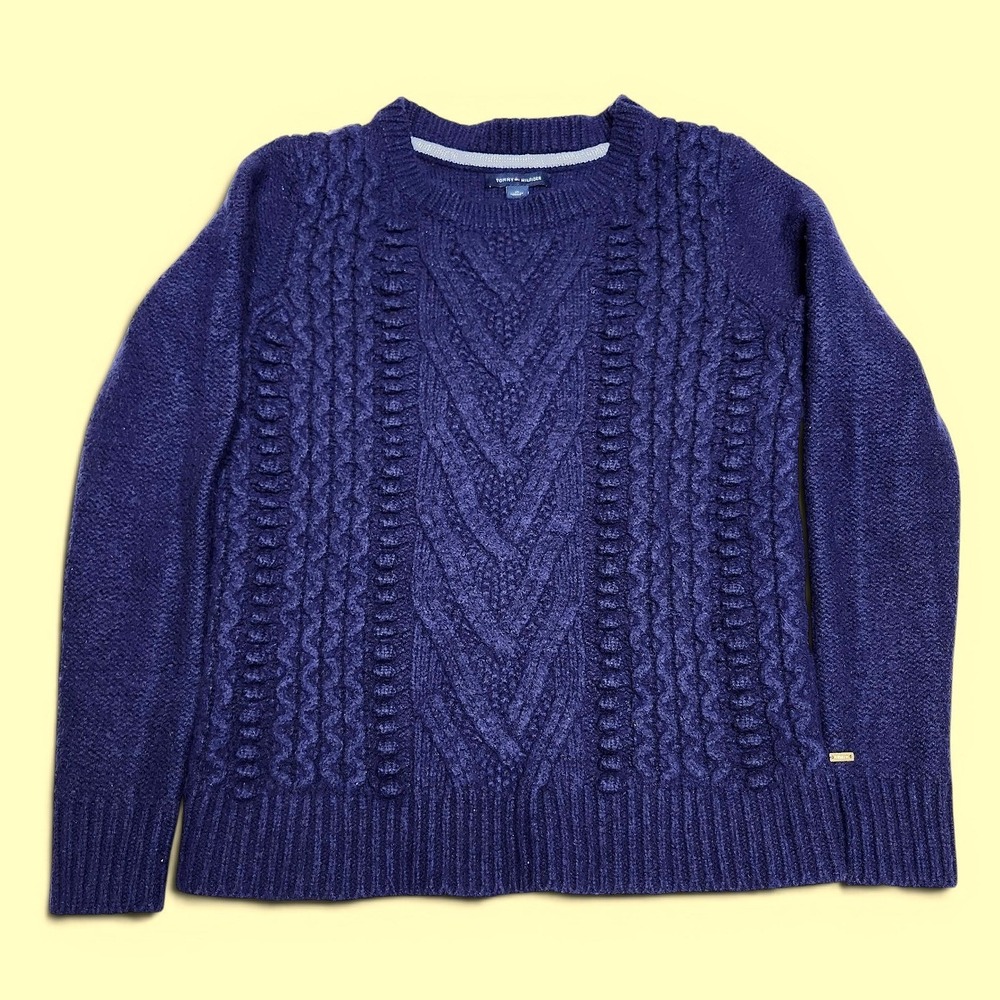 Tommy Hilfiger Wool Blend Cable Knit Chunky Sweater Womens Small Navy Preppy